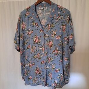 Blue Floral Womens Blouse 1X Capacity Rayon Top Front Attatched Layered